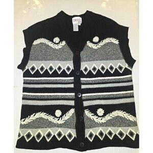 Vintage Conrad C. Wool Blend Sweater Vest Large Black Gray Nordic Floral L